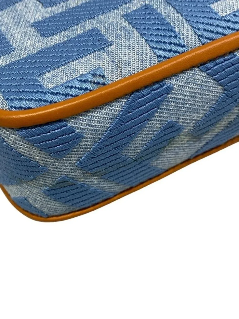 FENDI Baguette Mini 8BS017-AP4N Light Blue Brown Jacquard Leather Handbag